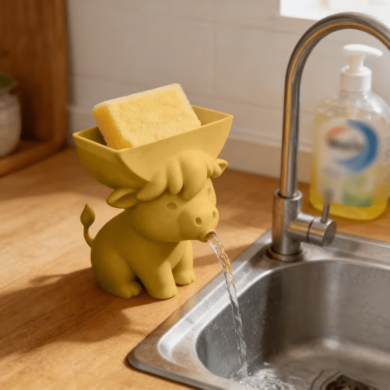 Cute Cow Sponge Holder Kitchen Sink Organizer With Drain Spout Animal Shaped - Image 2