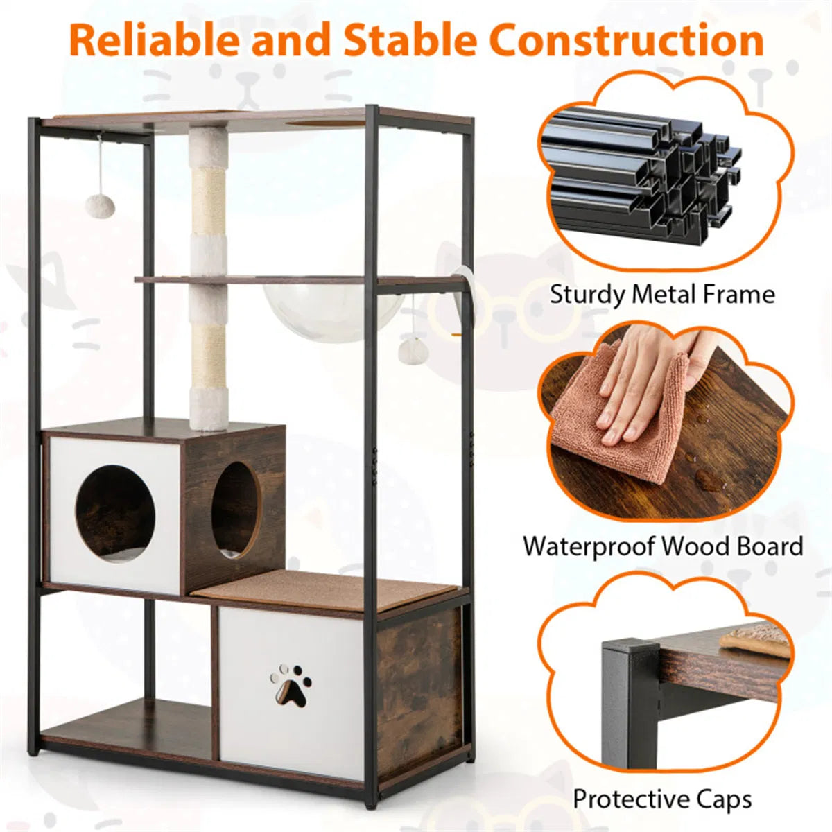 Stylish Wood Metal Cat Tree 33 lbs Per Layer Capacity 2 Private Condos + 2 - Image 2