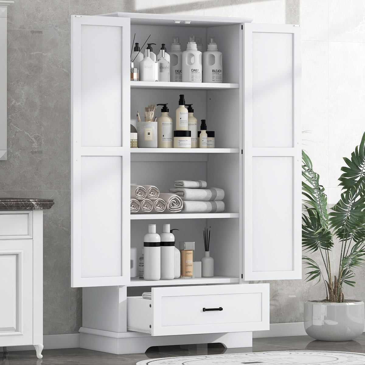 Tall White Bathroom Linen Storage Cabinet