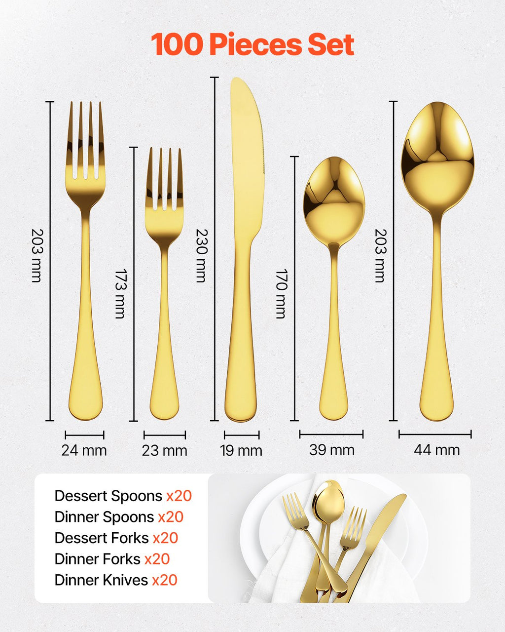 100 Piece Silverware Set Stainless Steel Cutlery Flatware Utensil Kitchen For 20 - Dimensions and Specifications