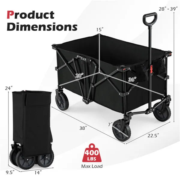 Black 400 Lbs Heavy Duty Collapsible Wagon Cart With All Terrain Wheels 180L - Image 3