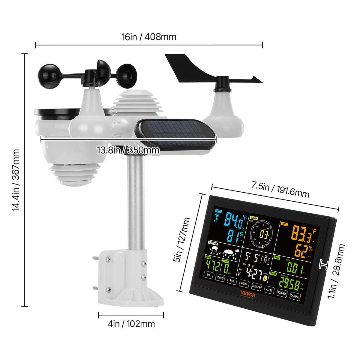 VEVOR 7 in 1 Wireless Weather Station 7.5 In Large Color Display Digital Home - Image 3