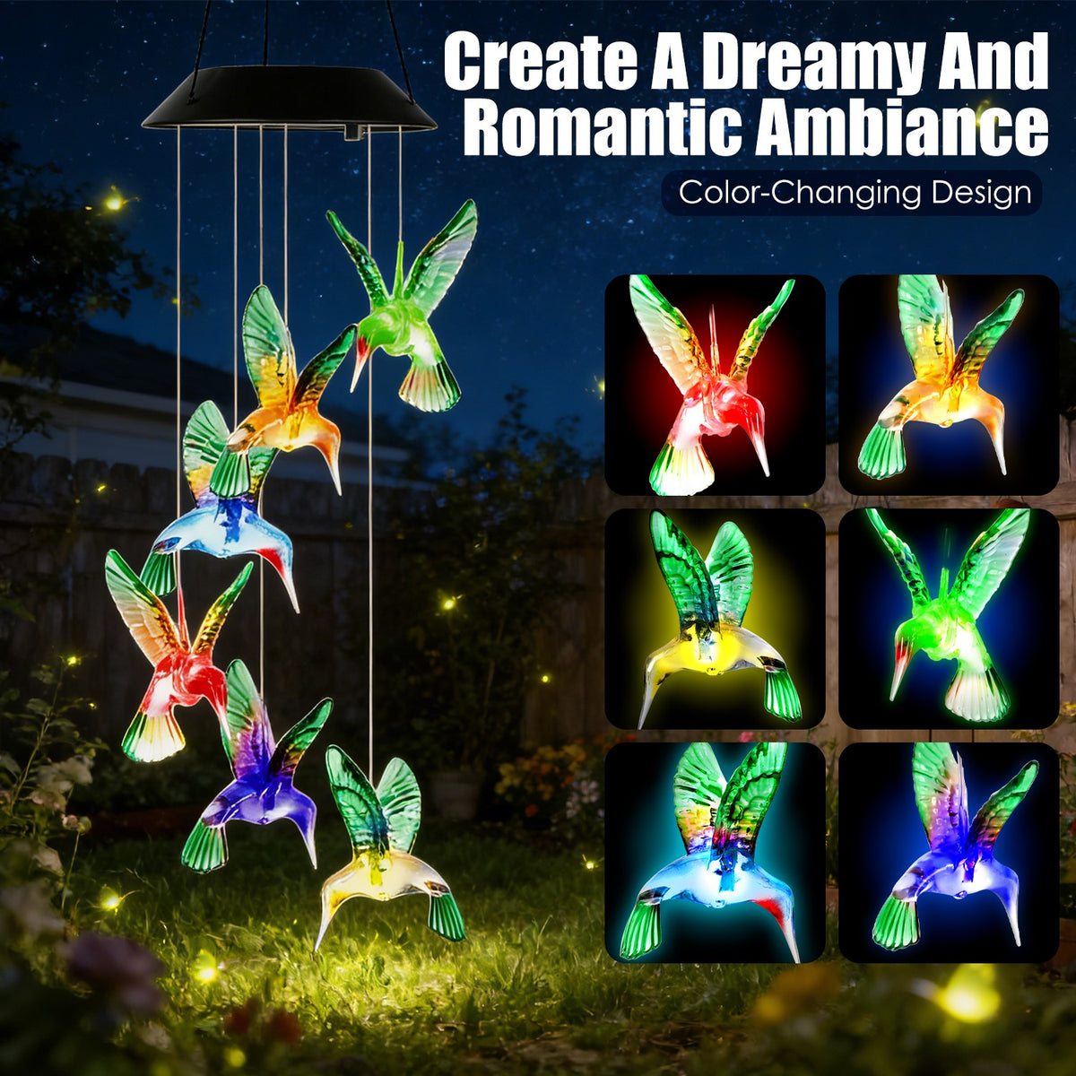 2Pcs Solar Hummingbird Wind Chime 7 Color Changing Wind Chime For Outside IPX4 - Image 4