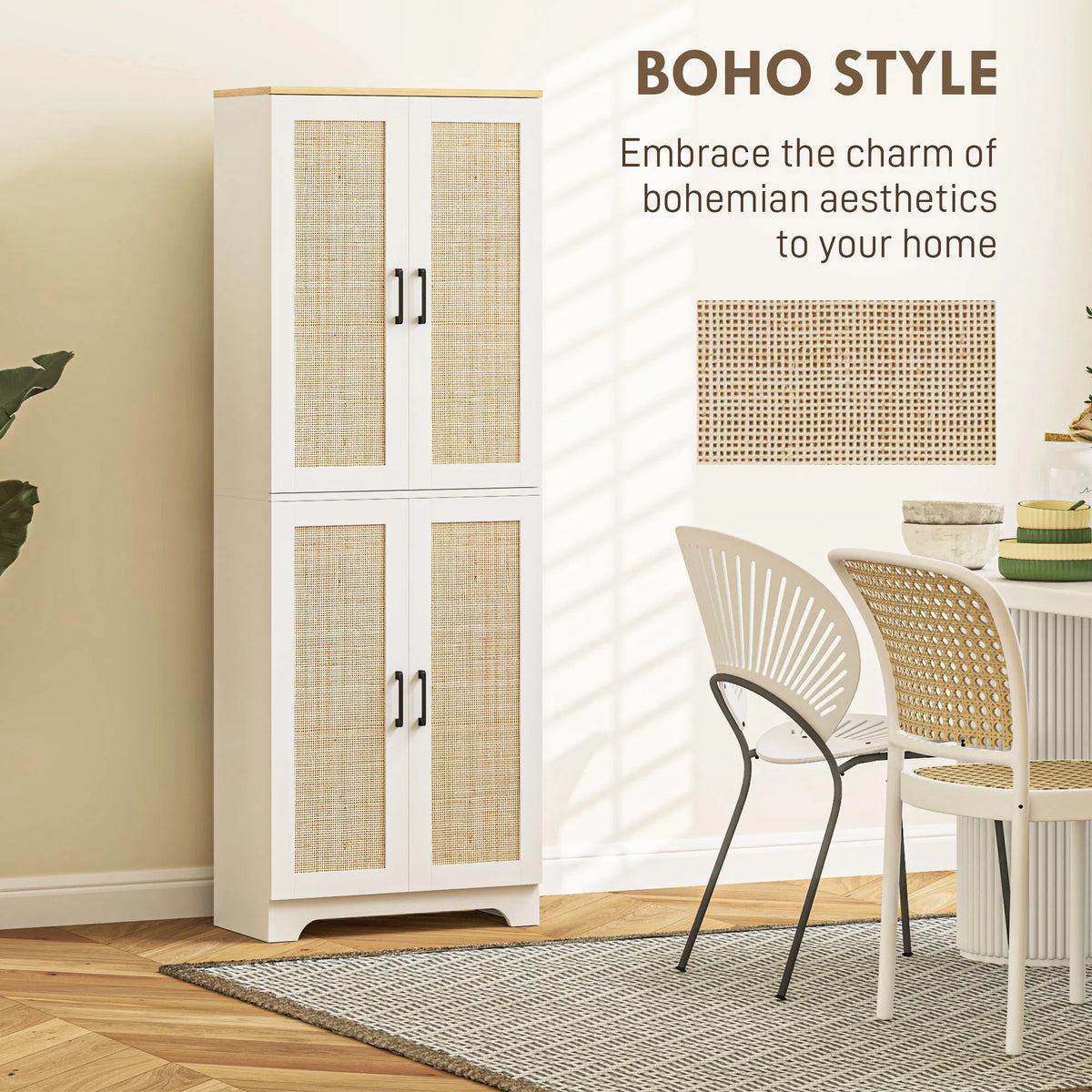 67" Tall Kitchen Pantry Freestanding Kitchen Storage Cabinet with 4 Rattan - Image 5