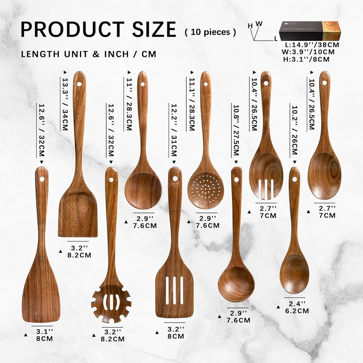 10 Pack Wooden Cooking Spoons Acacia Wood Kitchen Utensil Set Durable Wooden - Image 2