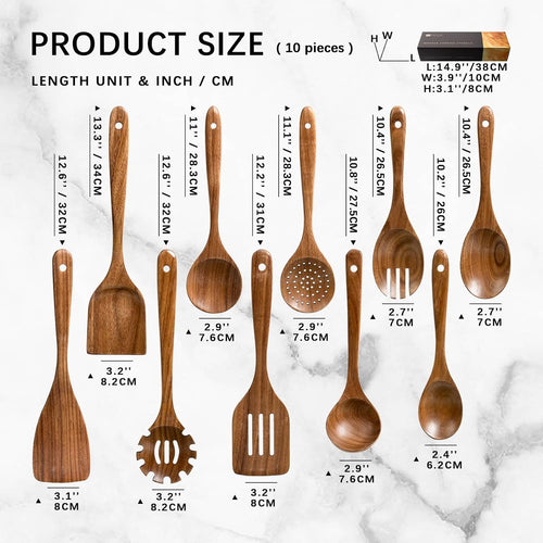 10 Pack Wooden Cooking Spoons Acacia Wood Kitchen Utensil Set Durable Wooden - Image 2