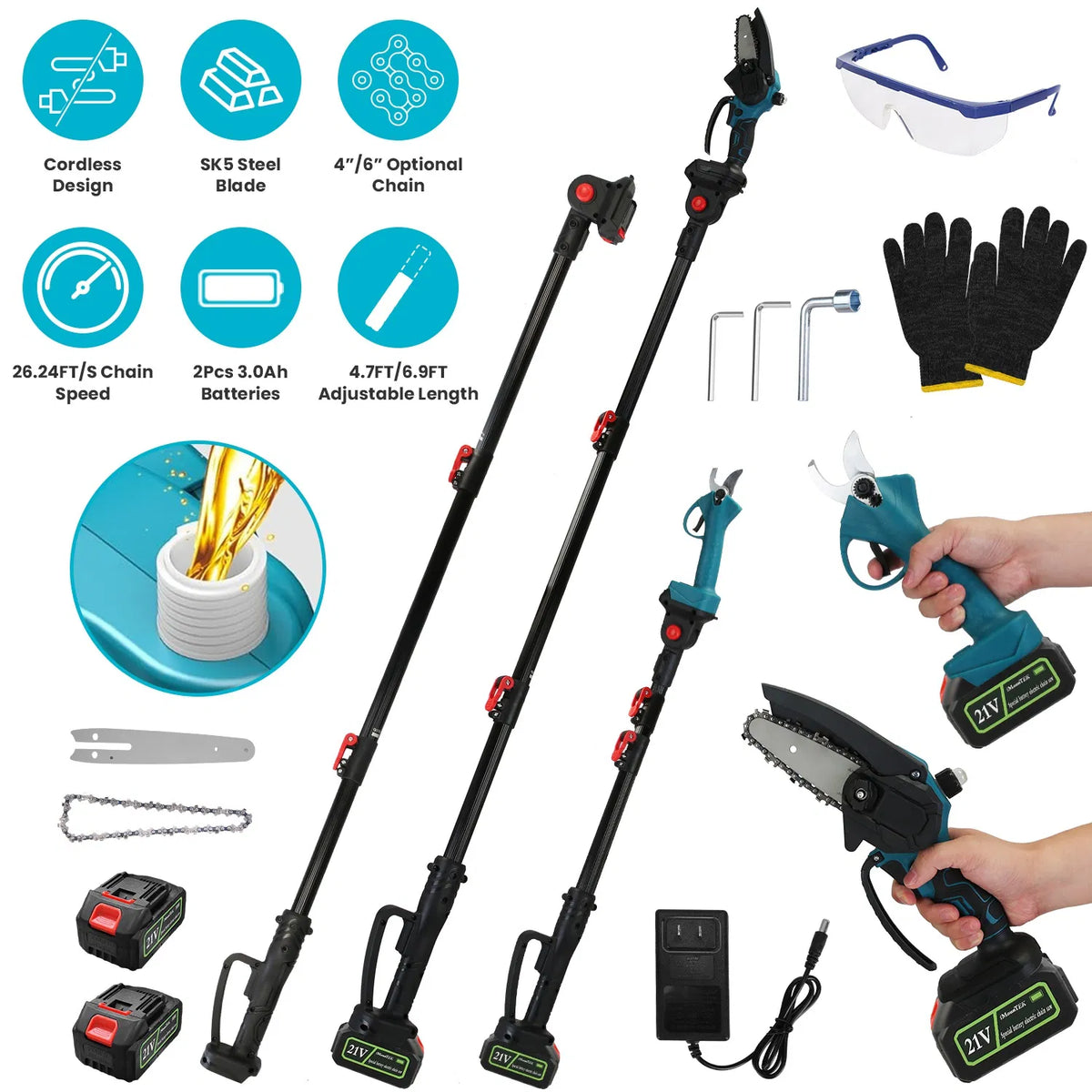 4 in 1 Cordless Pole Pruning Shears and Electric Chainsaw Set with Extension Pole - Additional Product View Pole Pruning Shears