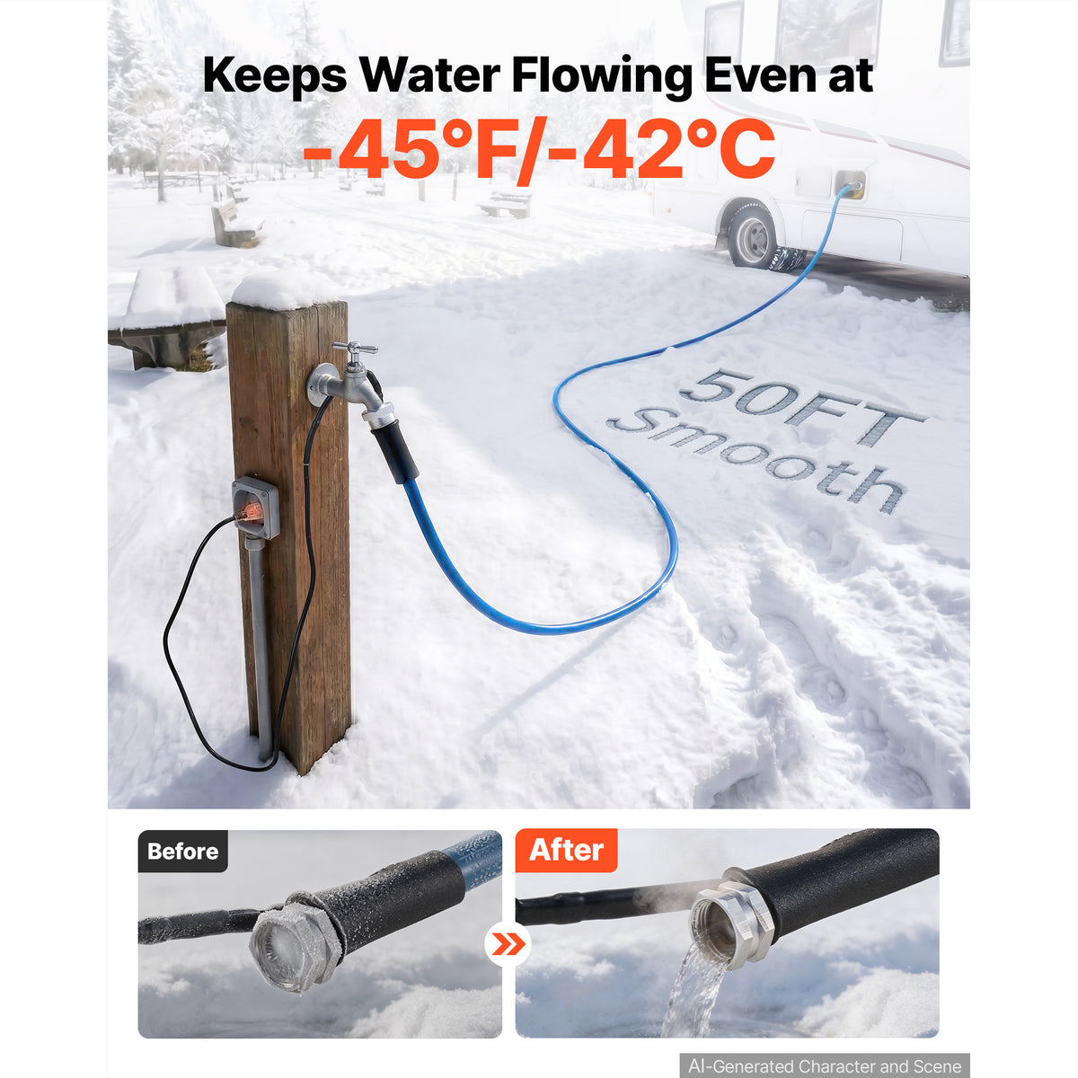50FT Heated Water Hose For RV Antifreeze To 45°F Drinking Water Hose 1/2" ID - Image 2