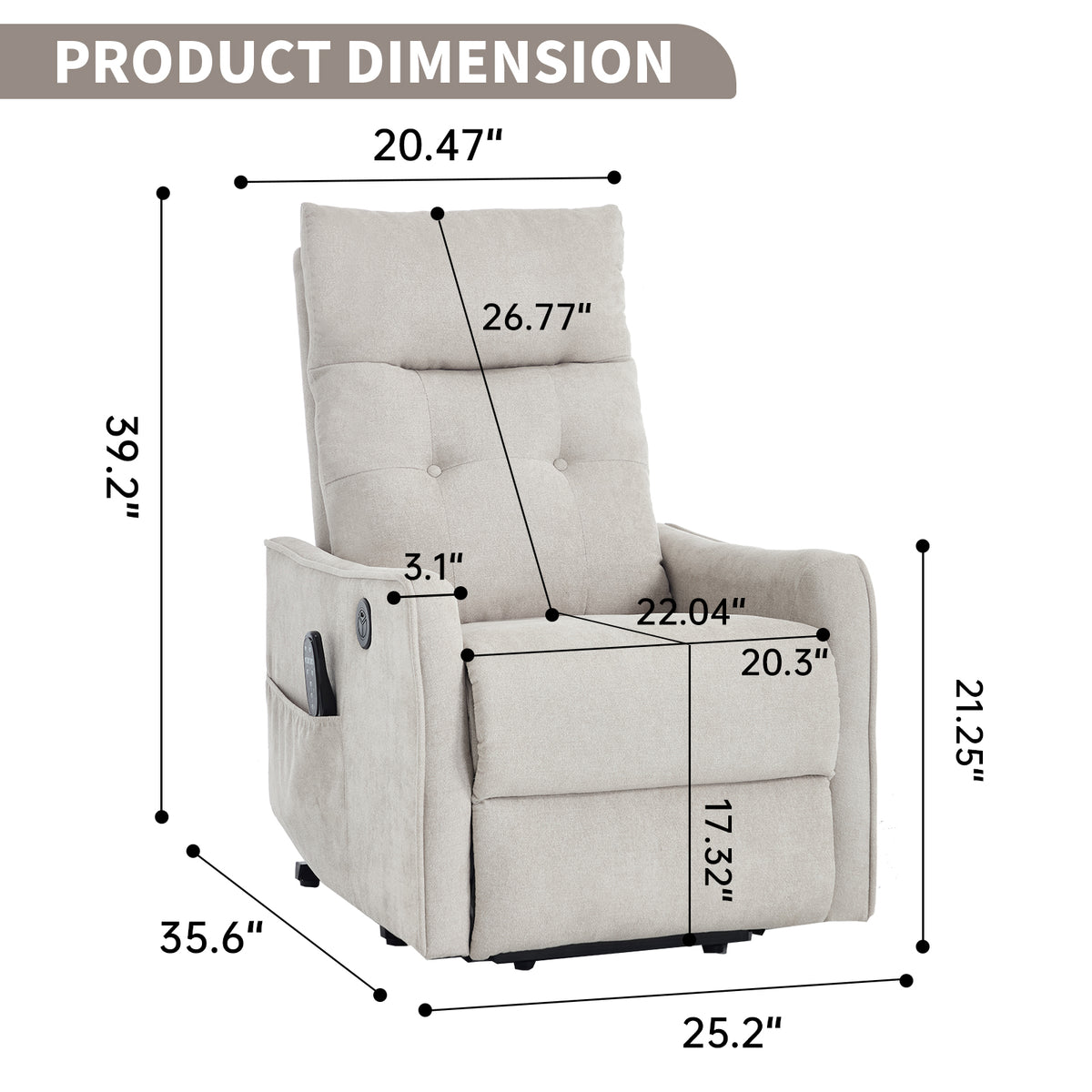 Beige Chenille Single Motor Power Lift Recliner Chair with Massage and Heat for - Image 4