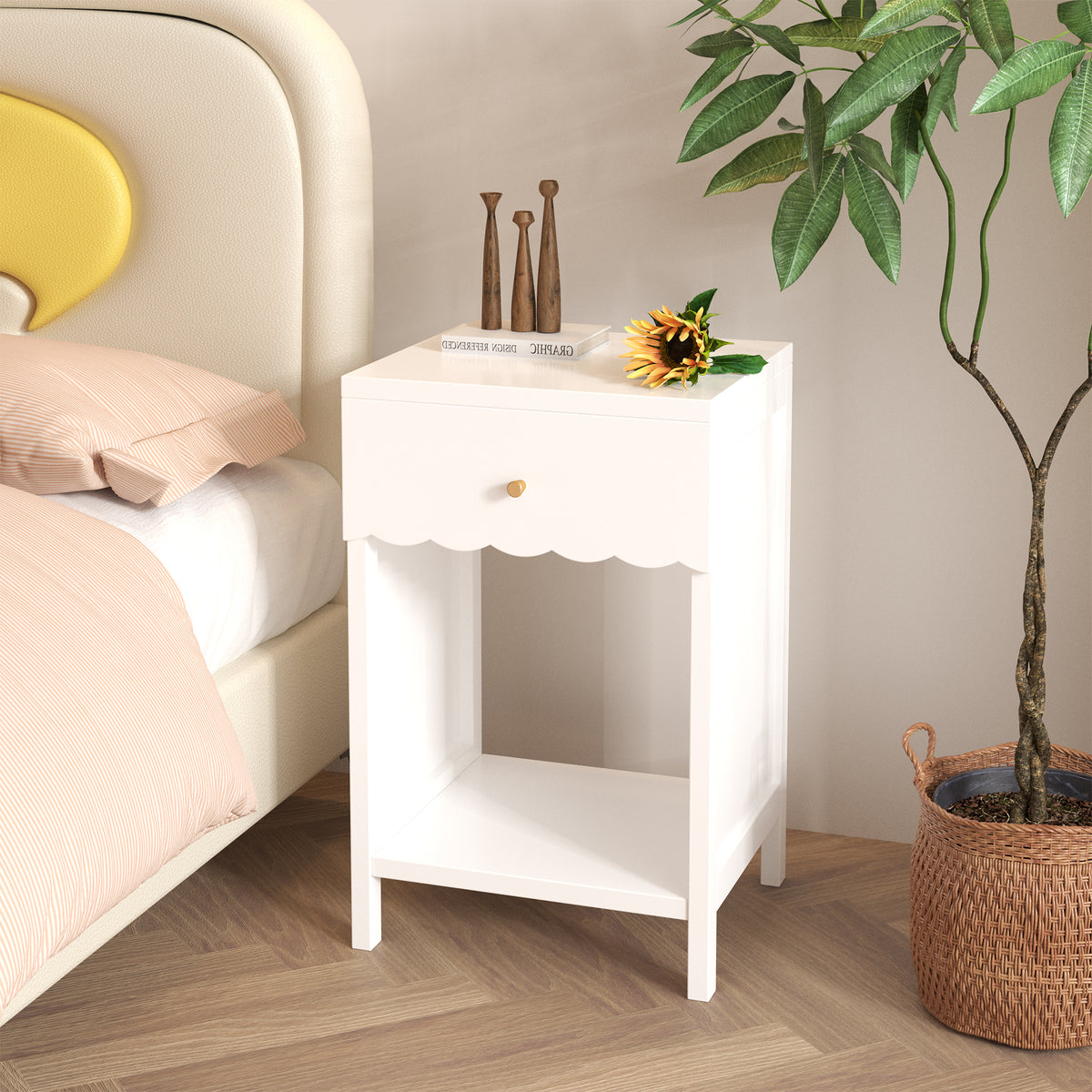 White Scalloped Nightstand with Drawer and Open Shelf