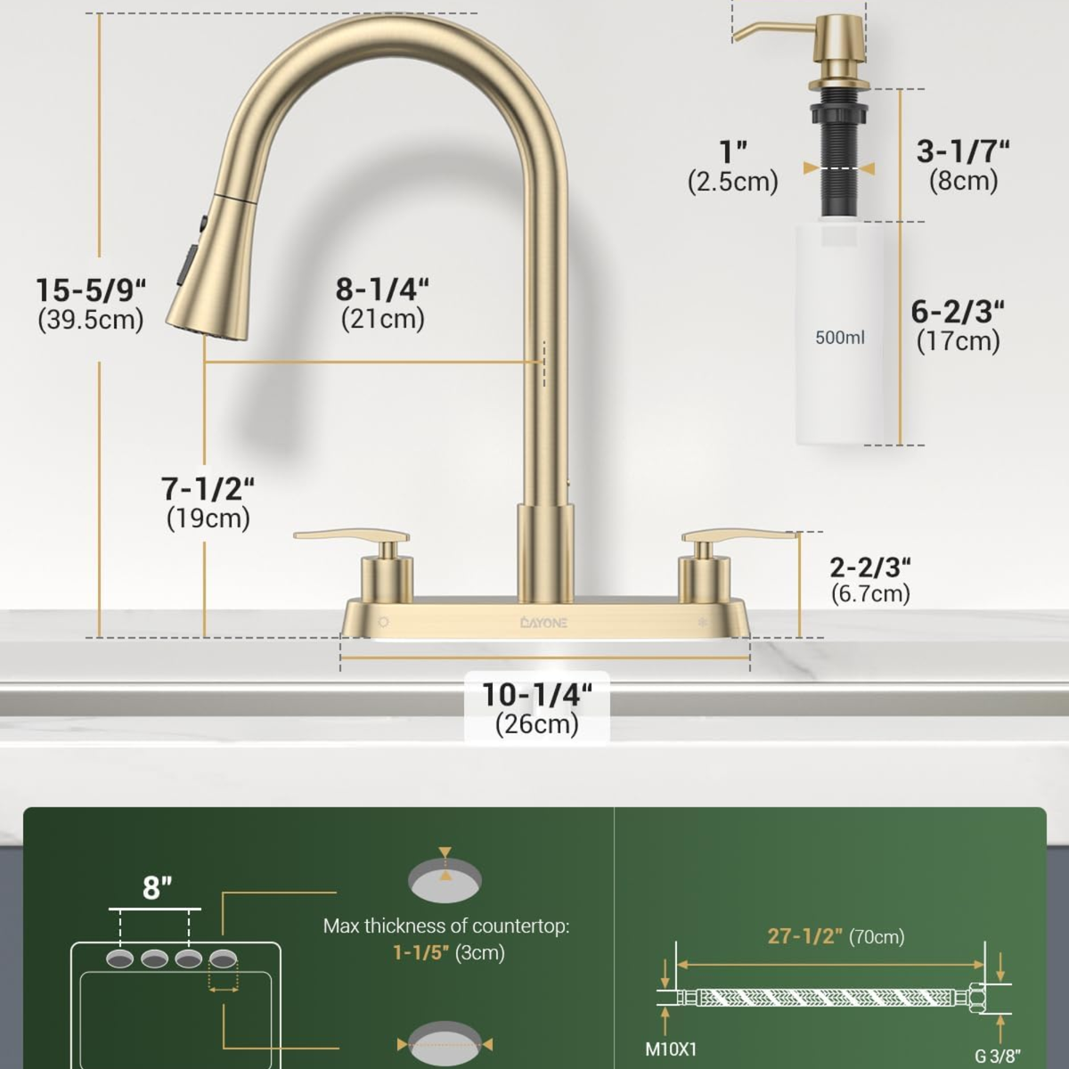 Handle Kitchen Faucet With Pull Down Sprayer Brushed Gold 4 Holes Sink Faucets - Image 3