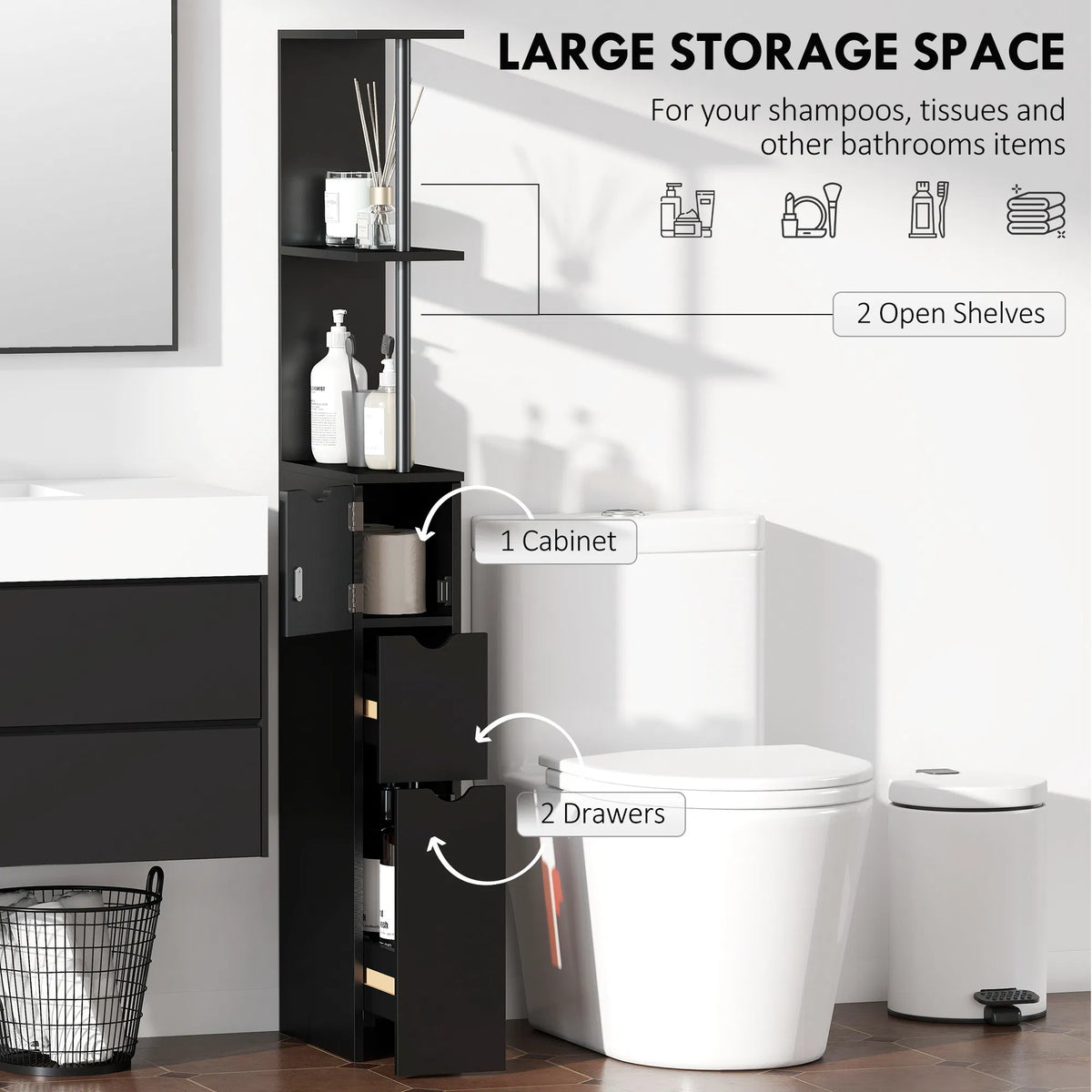 Tall Bathroom Storage Cabinet Narrow Bathroom Cabinet with Drawers and Open
