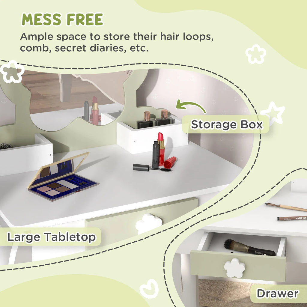 Kids Makeup Vanity Set with Stool Mirror Drawer Storage Boxes White