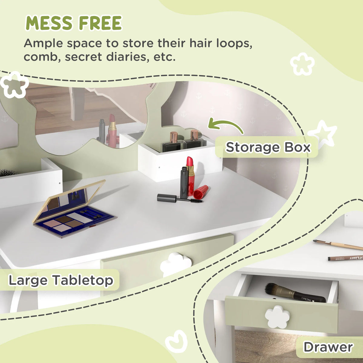Kids Makeup Vanity Set with Stool Mirror Drawer Storage Boxes White