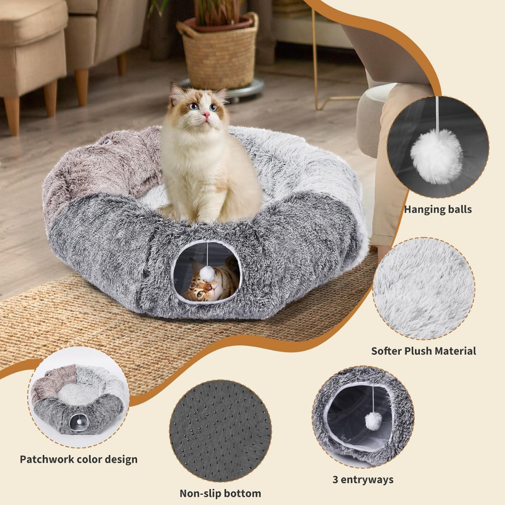 Large Cats Tunnels For Indoor Cats Fluffy Warm Cat Bed And Detachable Cave - Image 4