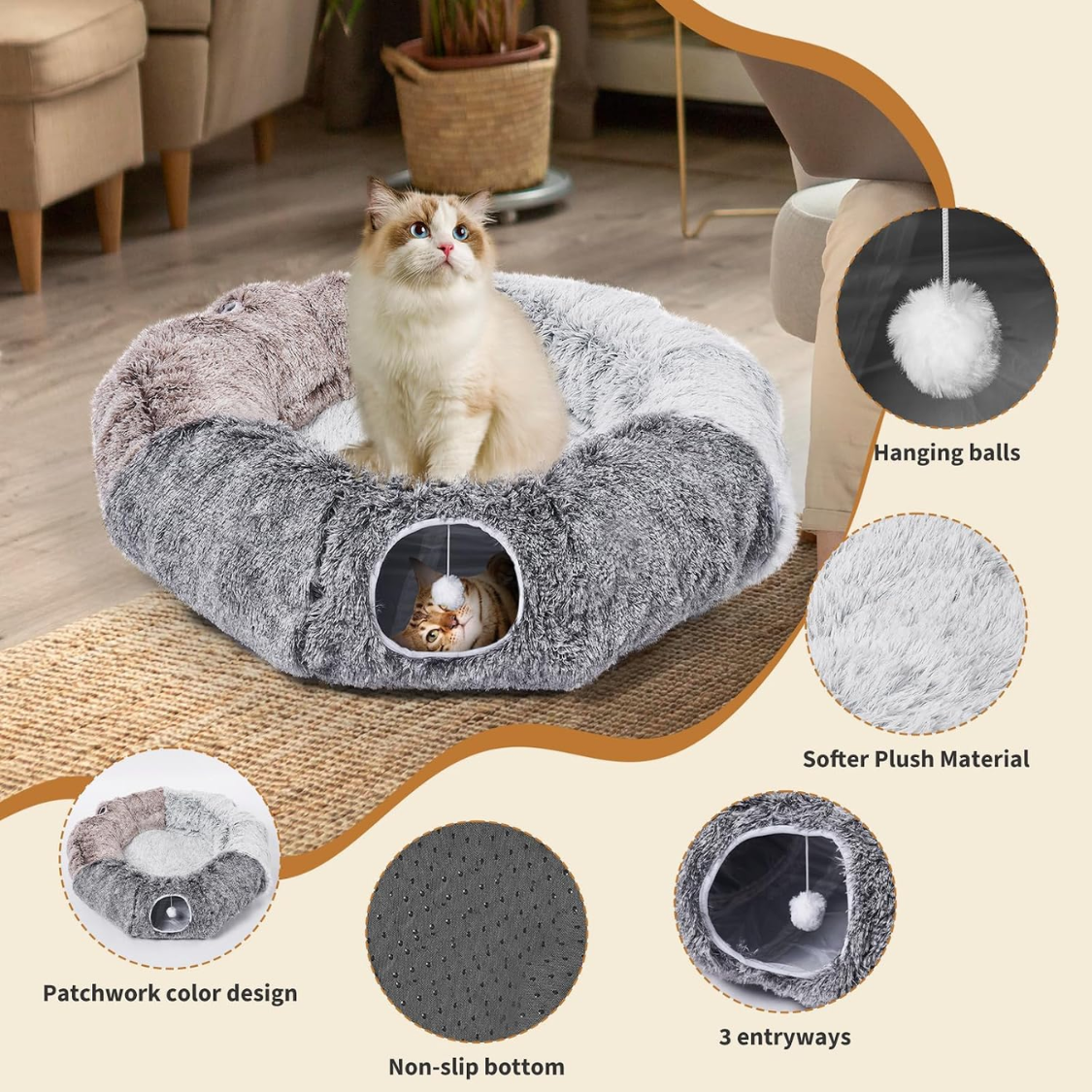 Large Cats Tunnels For Indoor Cats Fluffy Warm Cat Bed And Detachable Cave - Image 4