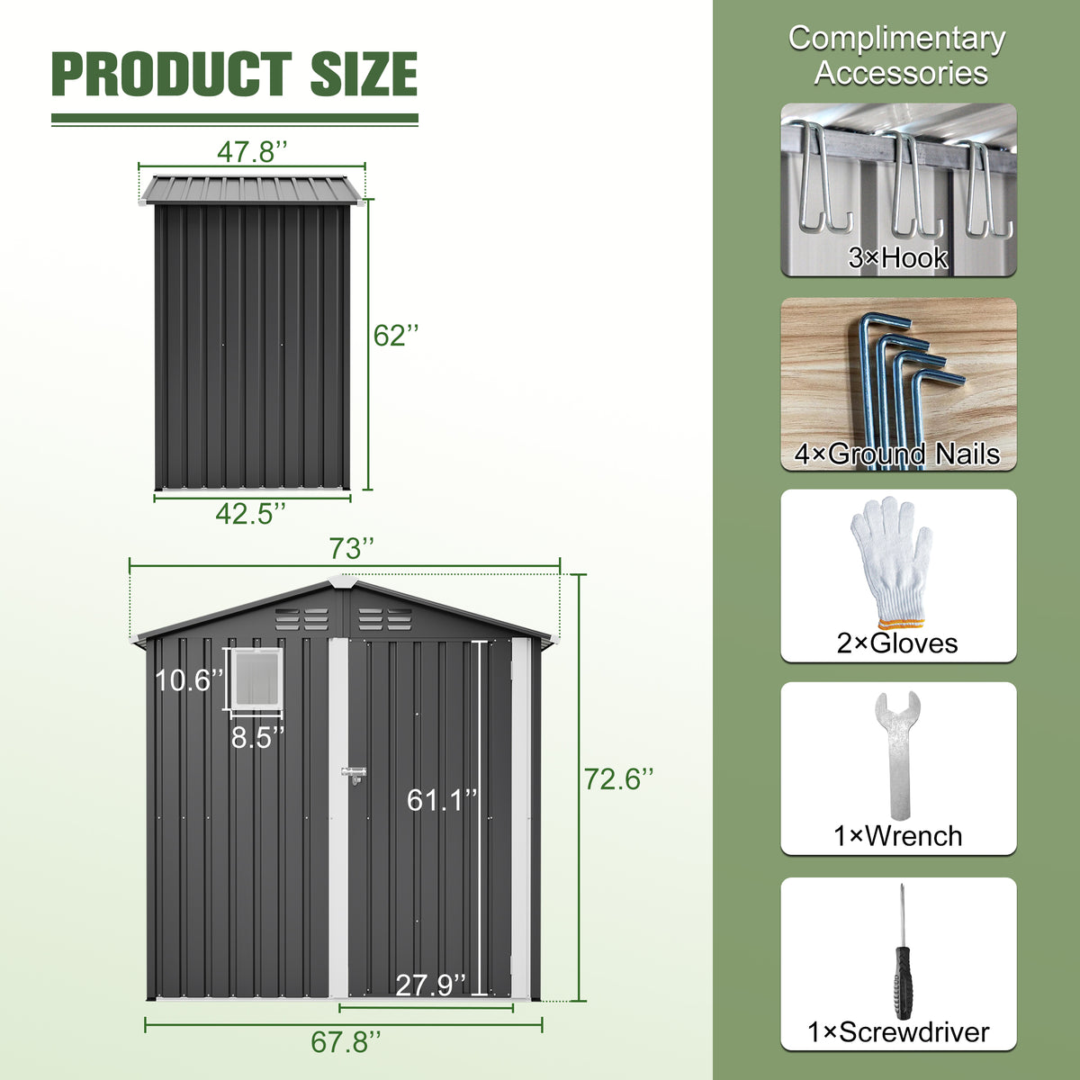 6x4ft metal outdoor storage shed with gable roof and double doors in dark gray - angle 5 detail