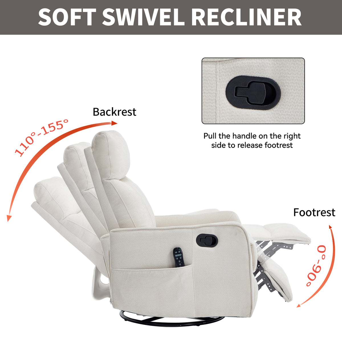 Beige Heat Massage Manual Recliner Chair with Rocker and Swivel in Fabric for - Image 3