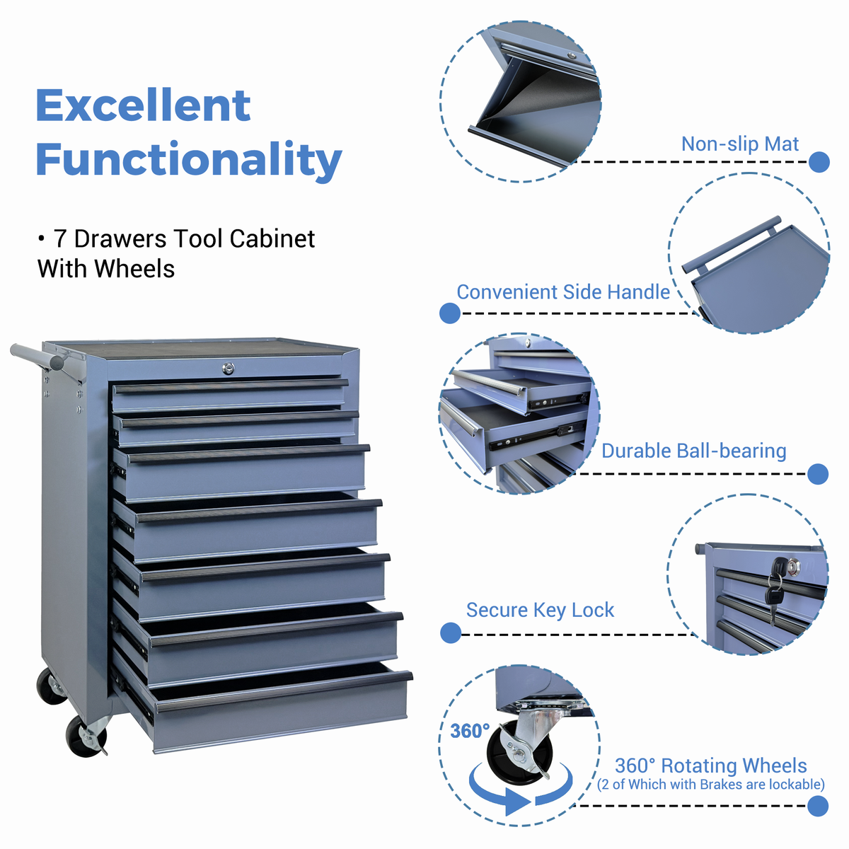 7 Drawer Rolling Tool Storage Cabinet With Detachable Top Tool Box Universal - Image 2