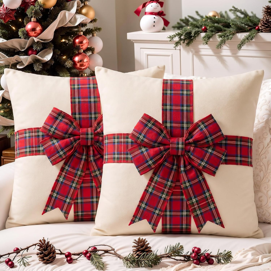 2 Pcs Christmas Pillow Covers With 3D Red Plaid Bow - Image 5