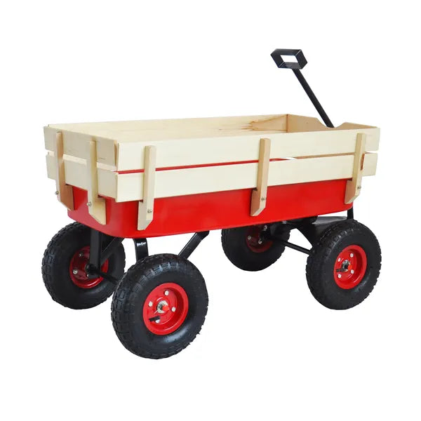 Outdoor Sport Wagon Tools Cart Wooden Side Panels Air Tires Wagon Red