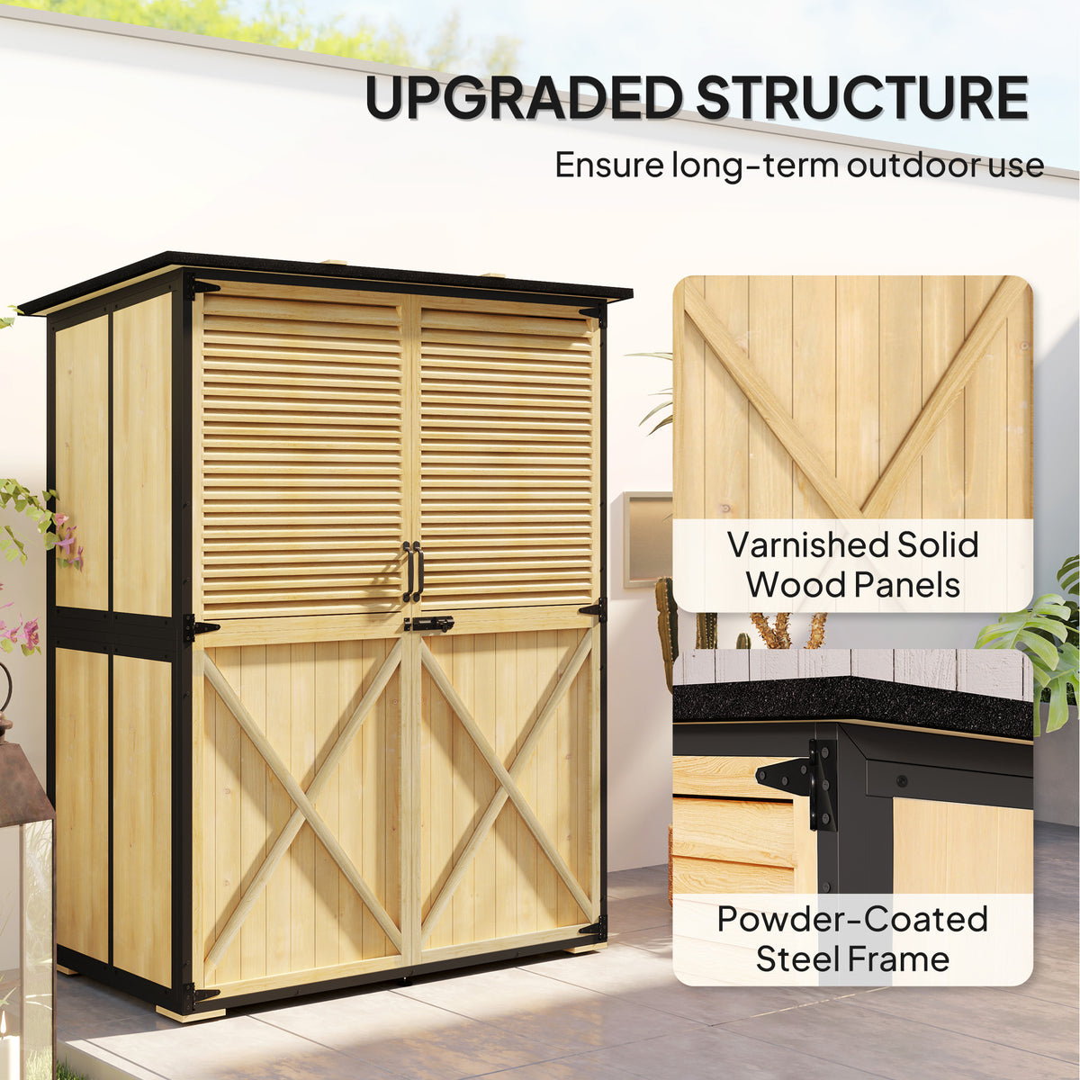 Wood Storage Shed Outdoor Garden Shed With Asphalt Roof 2 Shelves Lockable - Image 3