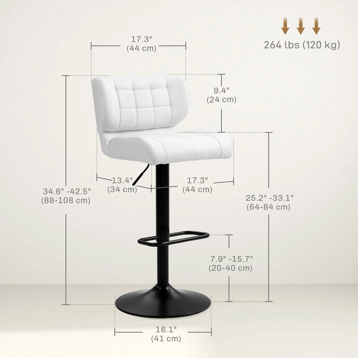 Swivel PU Leather Barstools Set of 2 Adjustable Bar Stools with Footrest Back