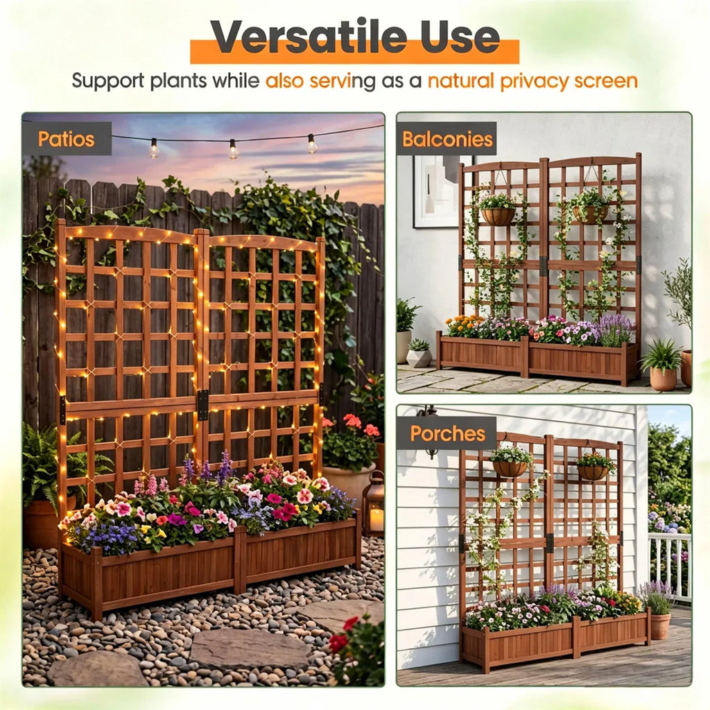 Rustic Brown Elevated Planter with Lattice Trellis Dual Large Planting Boxes
