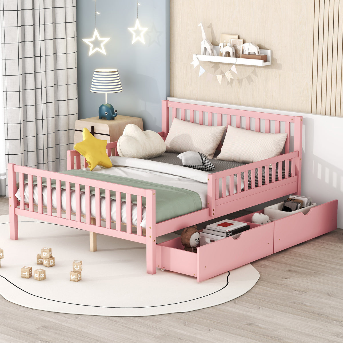 Pink Full Platform Bed with Two Storage Drawers