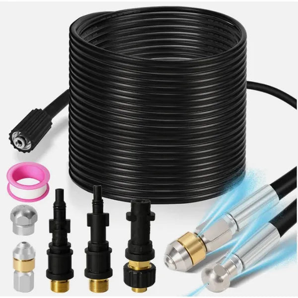 15m High Pressure Washer Pipe Cleaning Kit 160Bar Power With Push & Spin