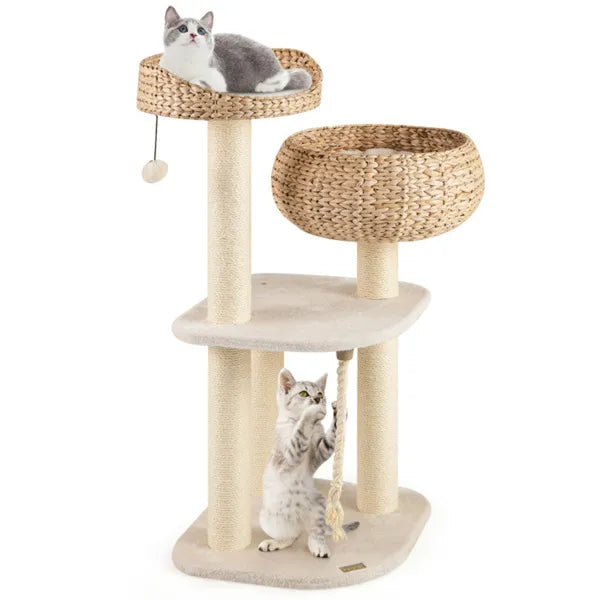41 Inch Hand Woven Water Hyacinth Cat Tree 3 Sisal Scratching Posts - Image 2
