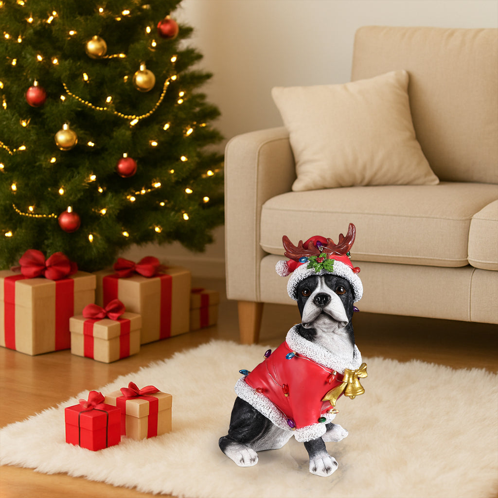 Christmas Boston Terrier Statue Holiday Dog Figurine in Santa Outfit - Image 2