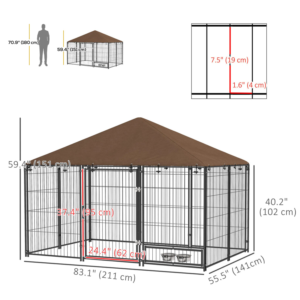 6.9' x 4.6' x 5' Outdoor Dog Kennel with Canopy Rotating Bowls Coffee - Image 2