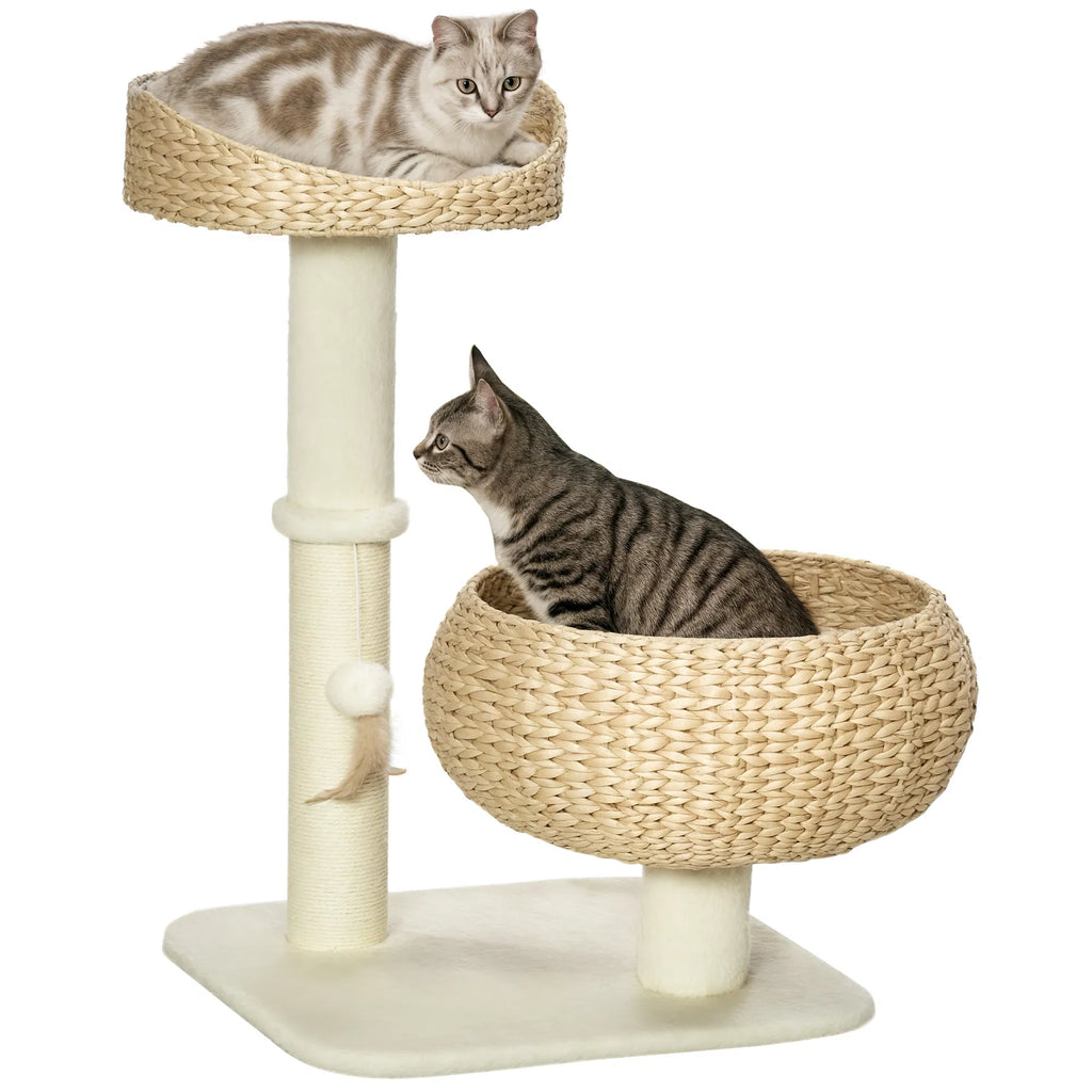 28" Cat Tree with Scratching Post Cat Tower with Double Beds Beige - Image 5