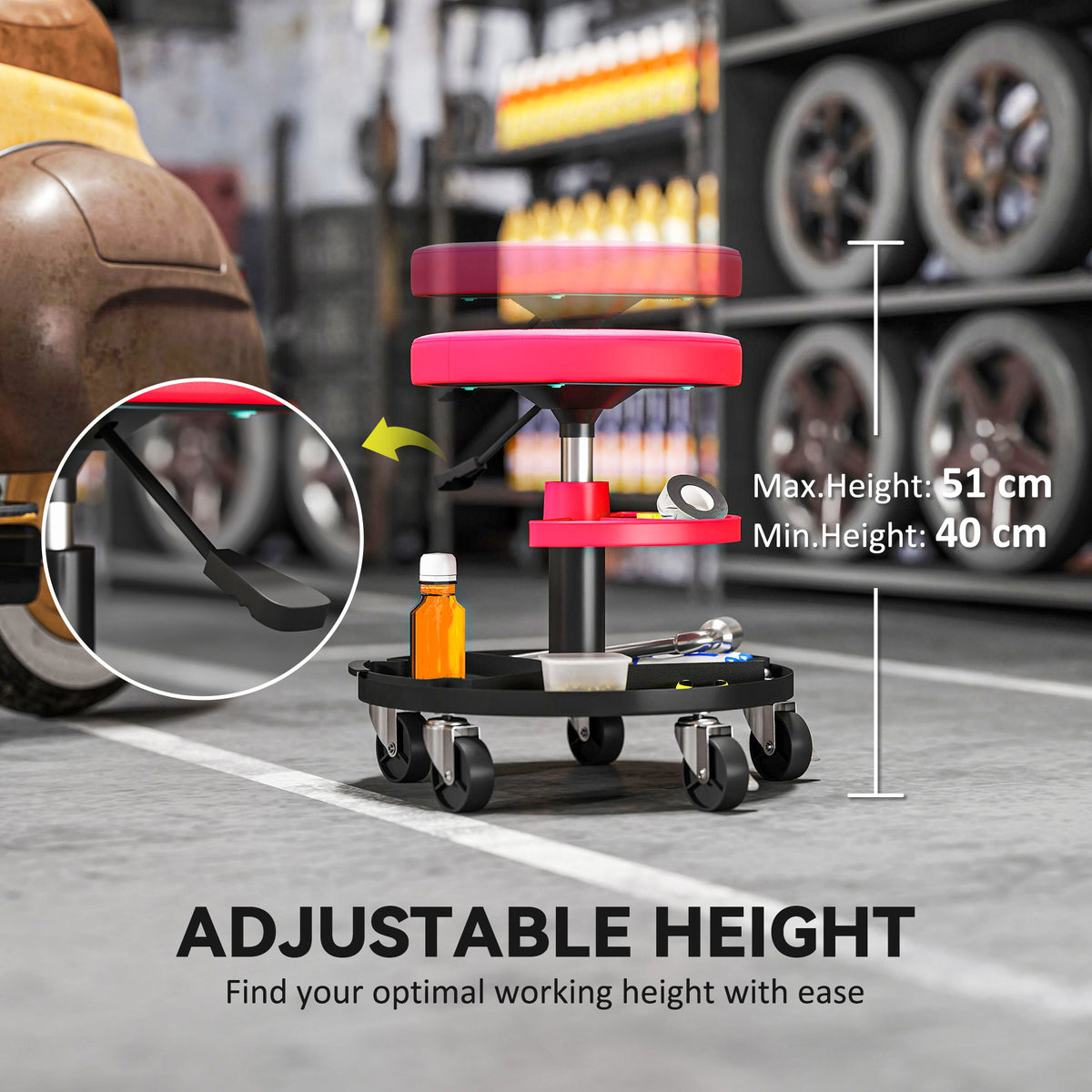 Rolling Mechanic Stool 135kg Capacity Workshop Stool 360° Swivel Roller - Image 5
