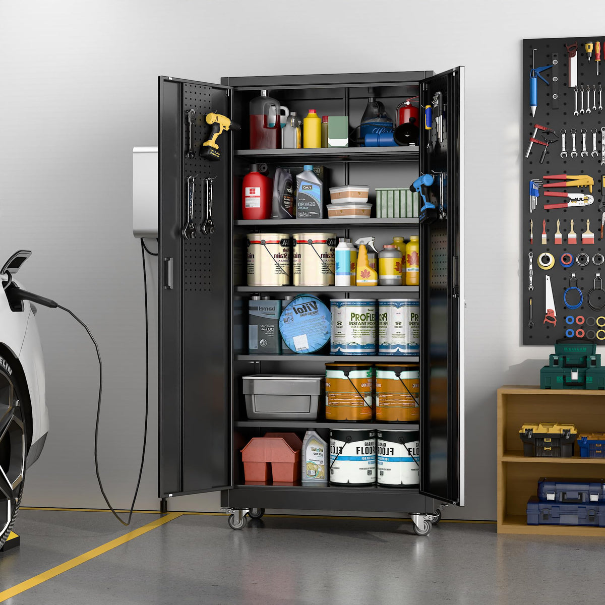 Aobabo Black Metal Garage Storage Cabinet With Wheels 34inchW X 18inchD X - Image 2