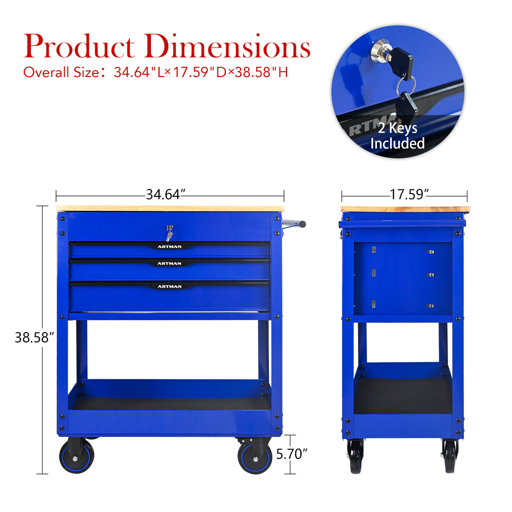 3 DRAWERS MULTIFUNCTIONAL TOOL CART WITH WHEELS AND WOODEN TOP Blue - Image 3