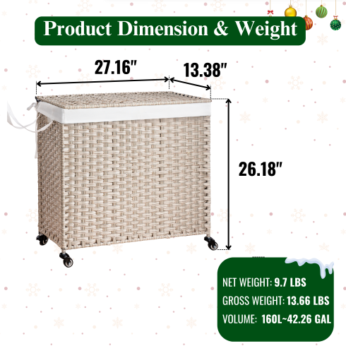 160L Gray Rattan Laundry Hamper with Wheels