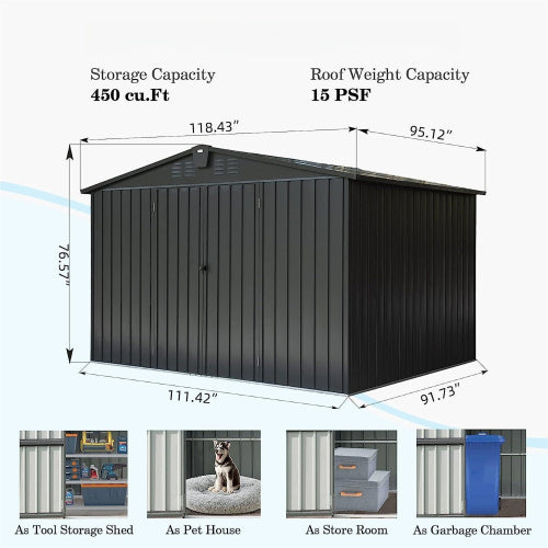 10x8ft galvanized steel outdoor storage shed with lockable sliding doors in dark gray - angle 5 detail