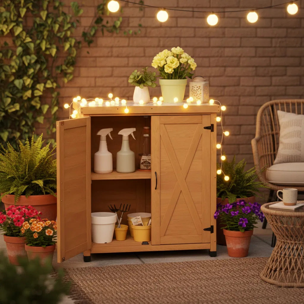 solid wood outdoor potting bench with storage cabinet product view 2