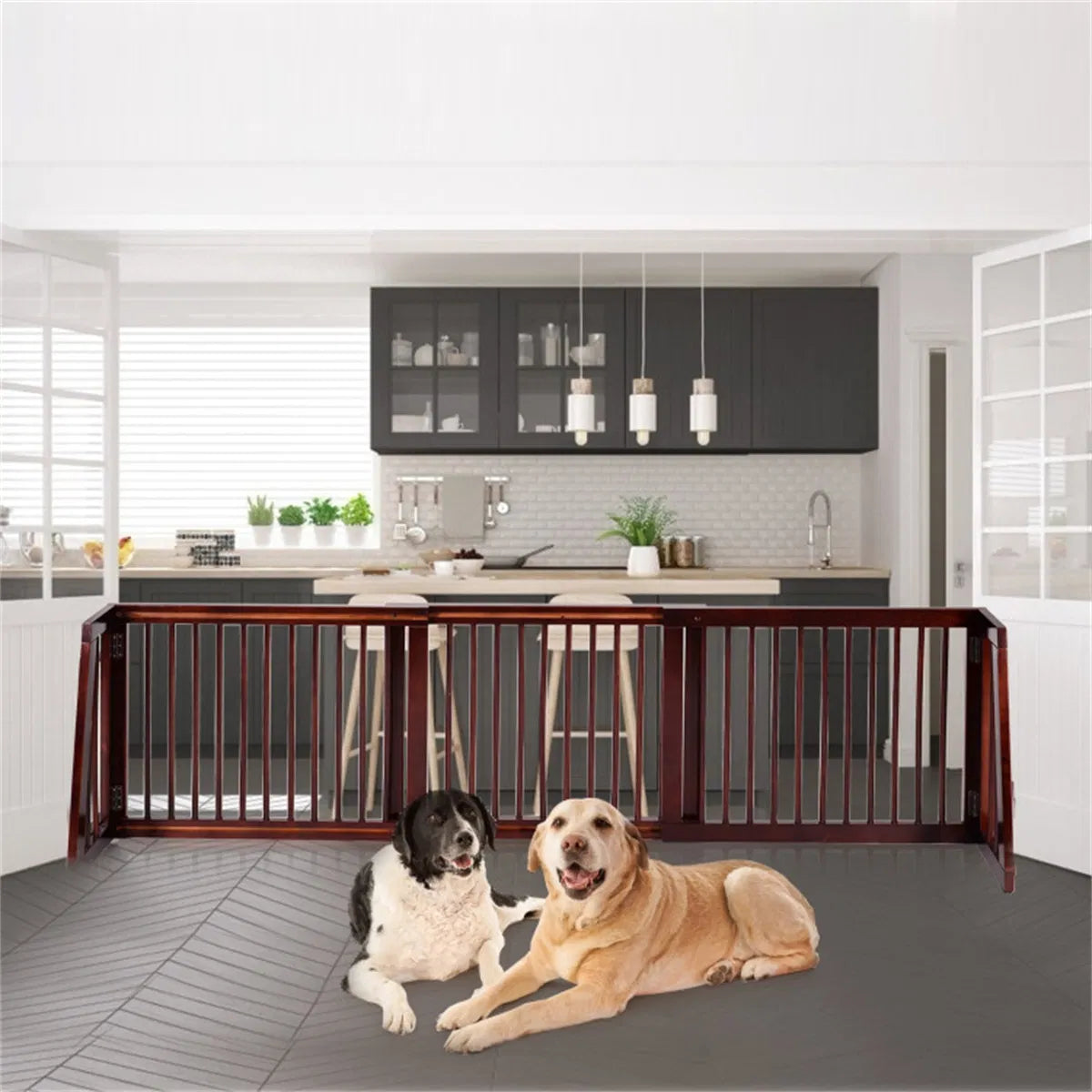 Wooden Pet Gate 3 Panels Freestanding Length Adjustable - Image 5