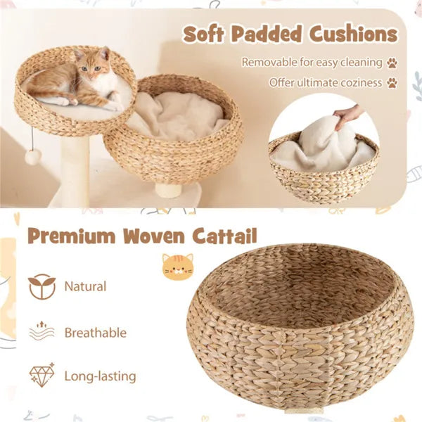 41 Inch Hand Woven Water Hyacinth Cat Tree 3 Sisal Scratching Posts - Image 3