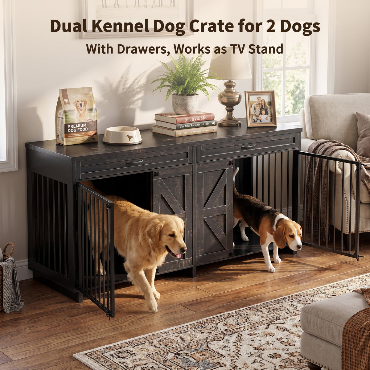Dog Crate Furniture TV Stand In Wooden Kennel With Storage Drawers Large Cage