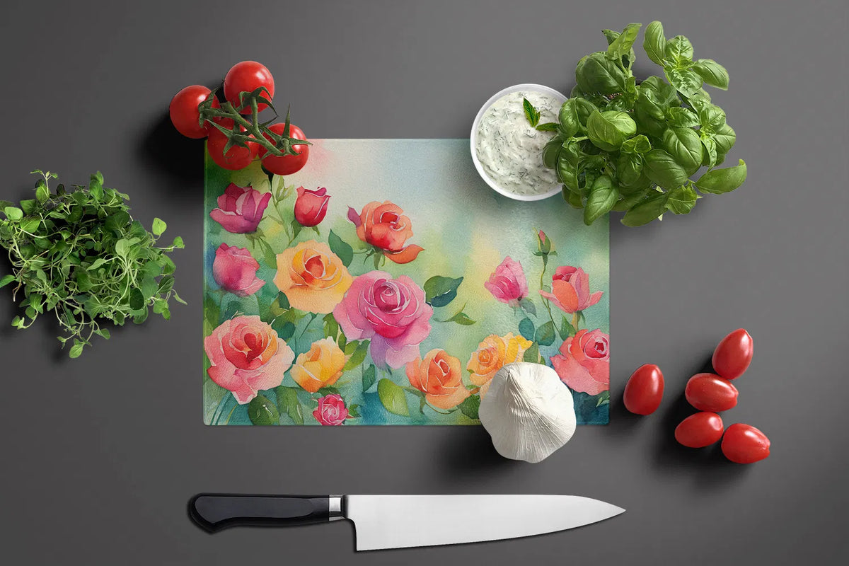 NEW Roses In Watercolor Glass Cutting Board Decorative Tempered Kitchen - Image 2