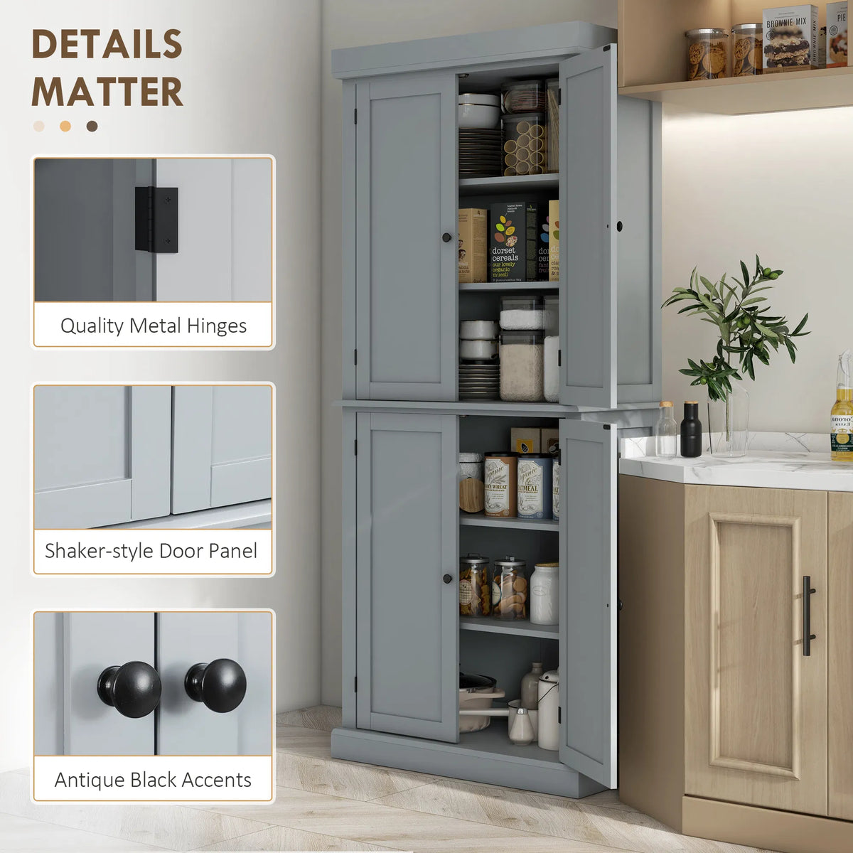 72.5" Freestanding Kitchen Pantry Cabinet with 4 Doors Grey - Image 4