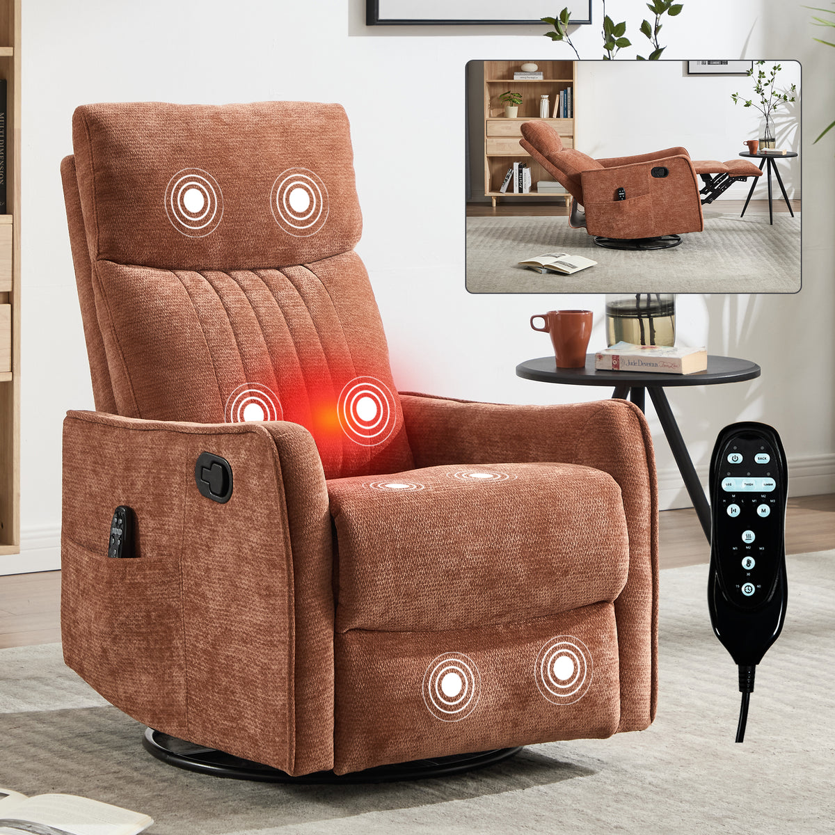 Orange Heat Massage Manual Recliner Chair with Rocker and Swivel in Fabric for