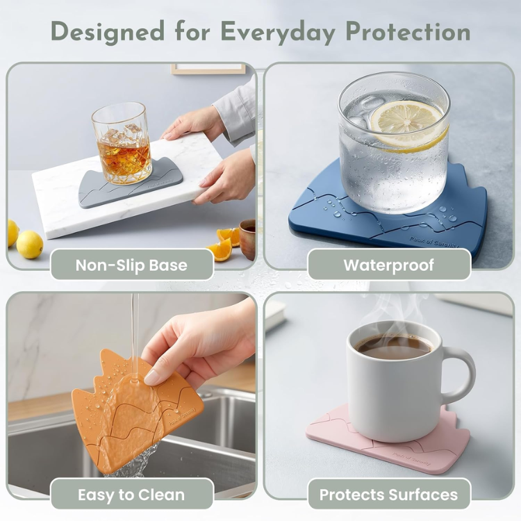 5 Piece Mountain Silicone Coaster Set With Holder Thick Waterproof Drink - Image 4
