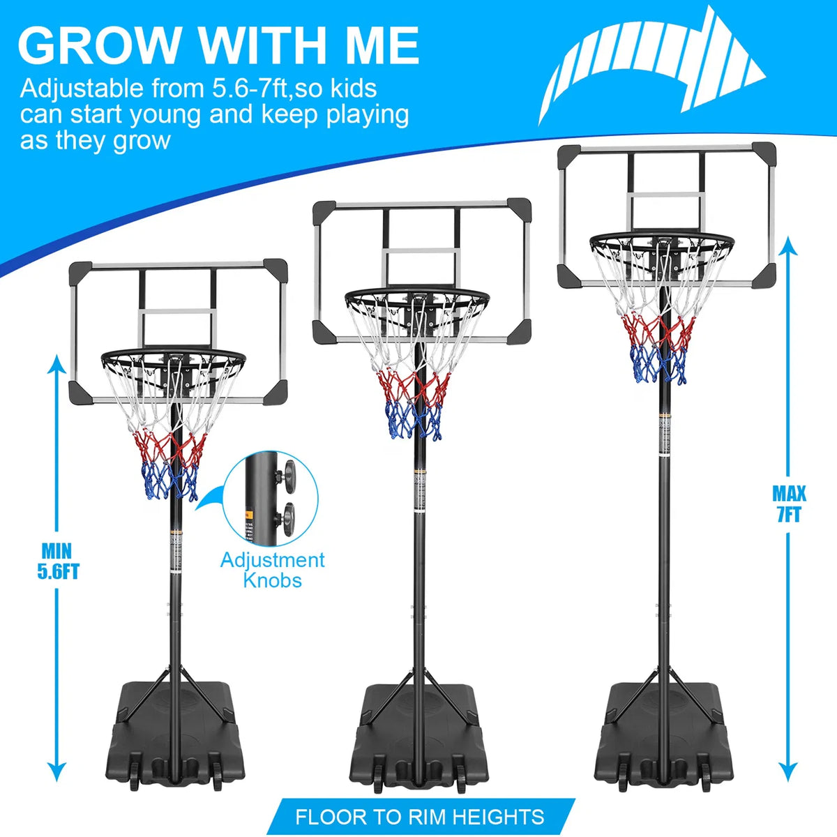 16" Portable Basketball Hoop Outdoor | 5.6ft ~7ft Stepless Adjustable Height - Image 2