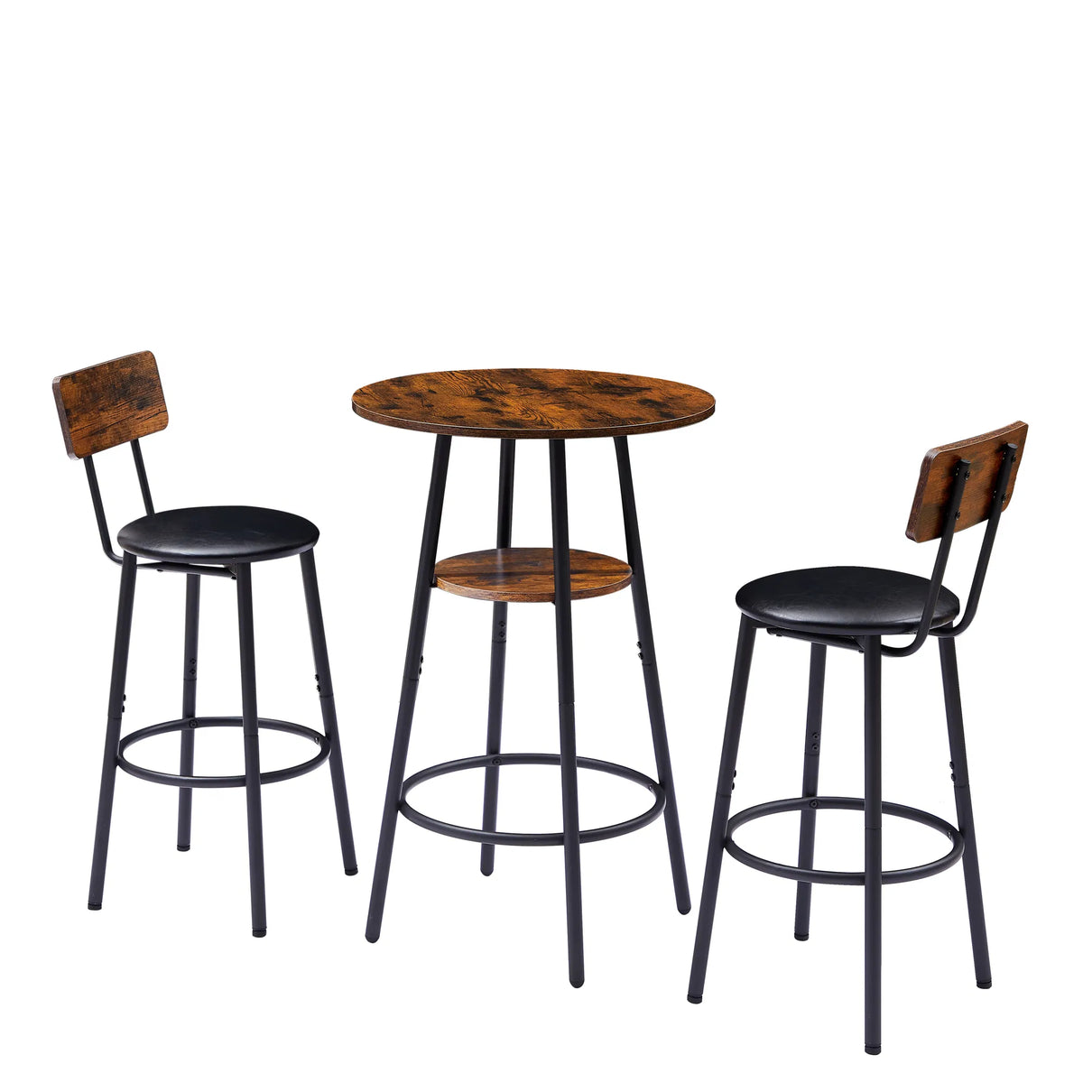 Round bar stool set with shelf upholstered stool with backrest Rustic Brown - Image 3