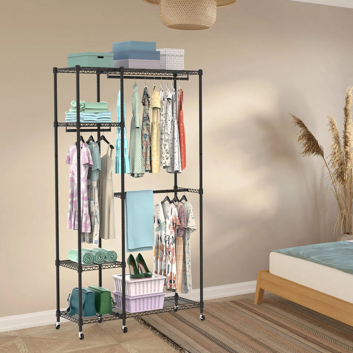 4 Tier Heavy Duty Garment Rack with 3 Hanging Rods 463LBS Capacity Rolling - Image 3